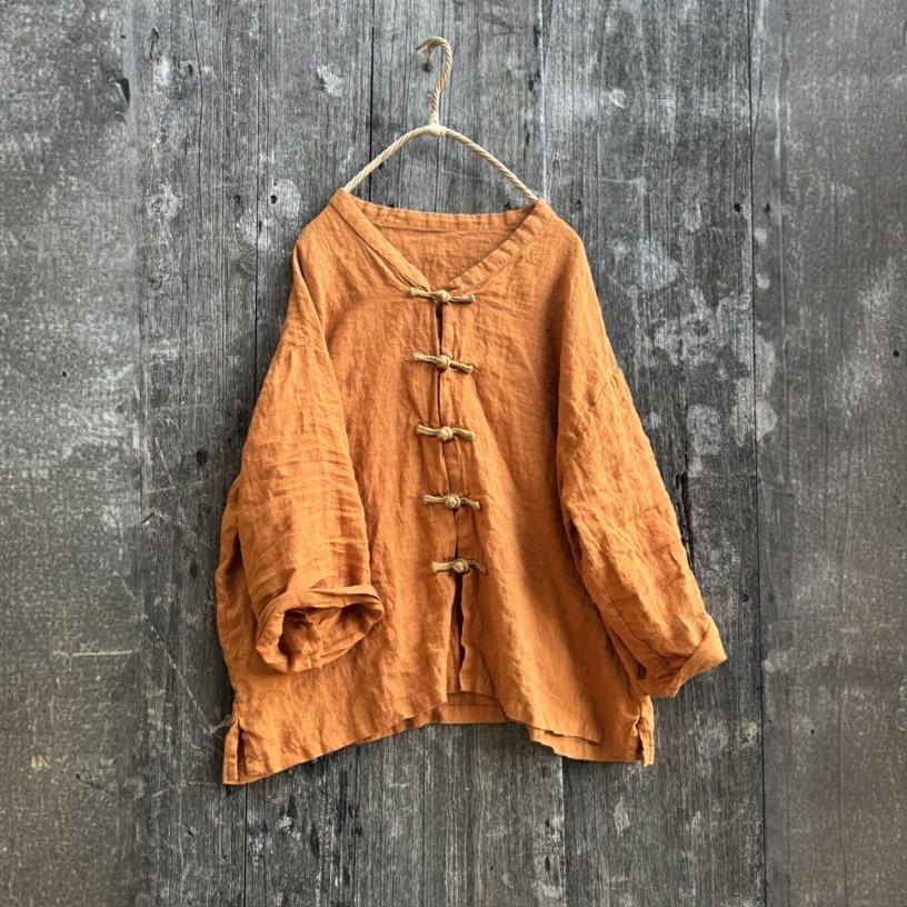 Johnature Женские винтажные рубашки однотонные стойка длинный рукав блузки осень пуговица свободный китайский стиль топ