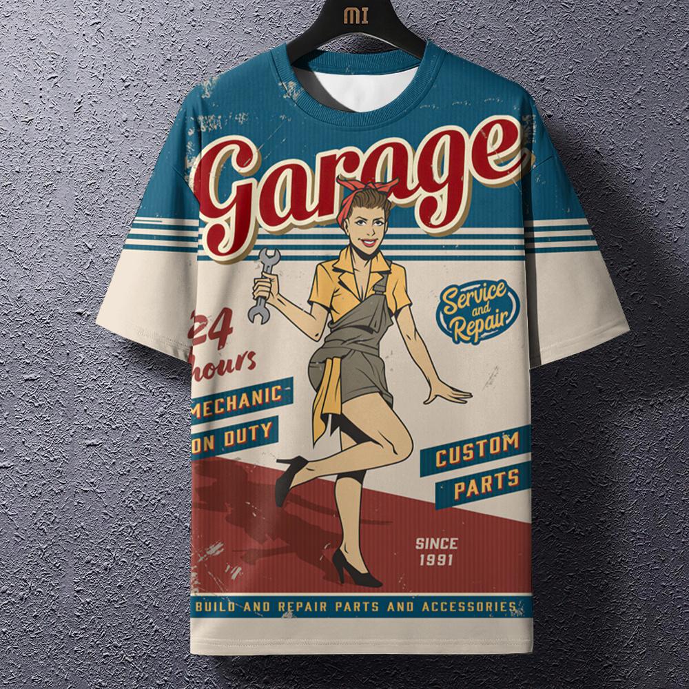 Retro Men's T Shirt Motorcycle Print Summer Street T-Shirts Round Neck Pullover Men Top Loose Casual Male Oversized Clothing