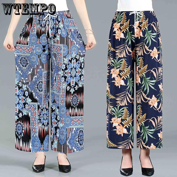 WTEMPO Women Spring Autumn Casual Versatile Loose Straight Leg Pants Large Size Elastic High Waist Printed Wide Leg Pants