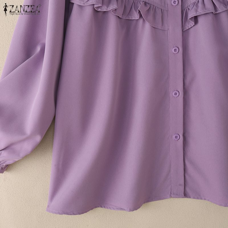 ZANZEA Женская повседневная однотонная блузка с круглым вырезом и длинным рукавом