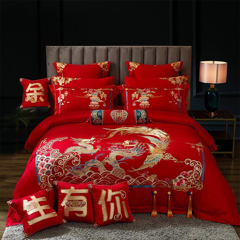 Длинноволокнистый хлопок плотностью 100, свадебная простыня и пододеяльник из четырех предметов, чистый хлопок, лоскутное одеяло с драконом и фениксом, красное стеганое одеяло, комплект из шести и десяти предметов