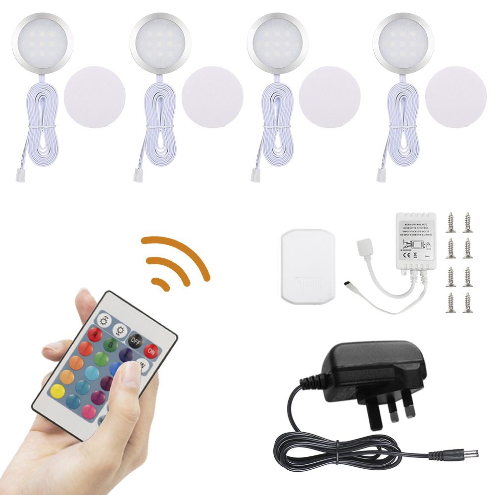 4PCS Slim Round Shape RGB LED Under Cabinet Light Kit SMD5050 Puck Lamp Color-changing Dimmable Brightness Adjustable with Remote Control for Kitchen