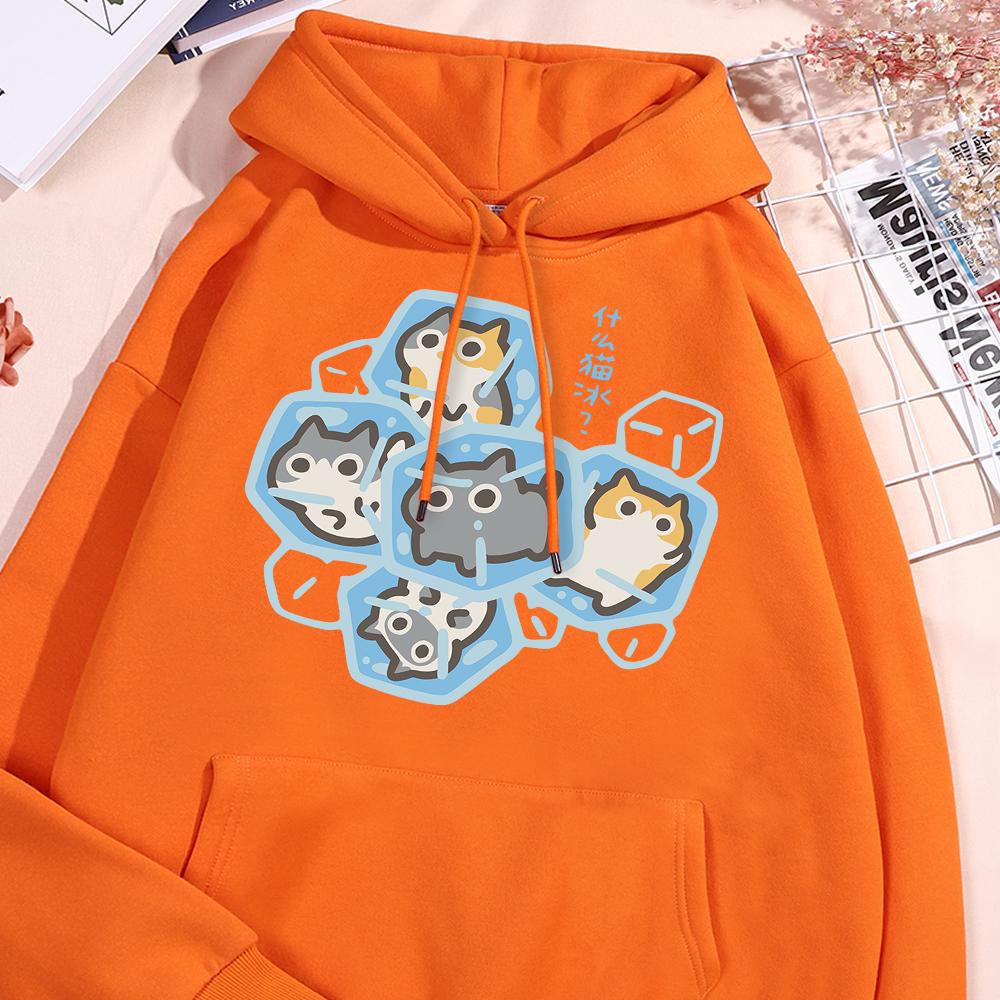 Толстовка с капюшоном Ice Cat Fun Cartoons Cats для мужчин и женщин в стиле Харадзюку, повседневная одежда, свободный свитер в стиле Streetwear, толстовки с капюшоном