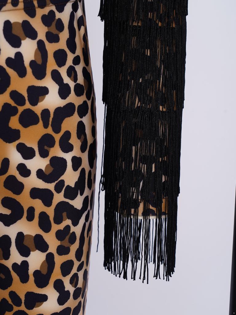 Girls Leopard Print Tassels Latin Dance Outfit Long Sleeve Crop Top Straps Adjustable Pants