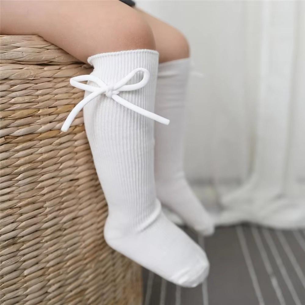 Cute Solid Color Kids Knee High Socks Cotton Bow Girls Bowknot Flat Long Sock Breathable Soft Children Princess Sockes