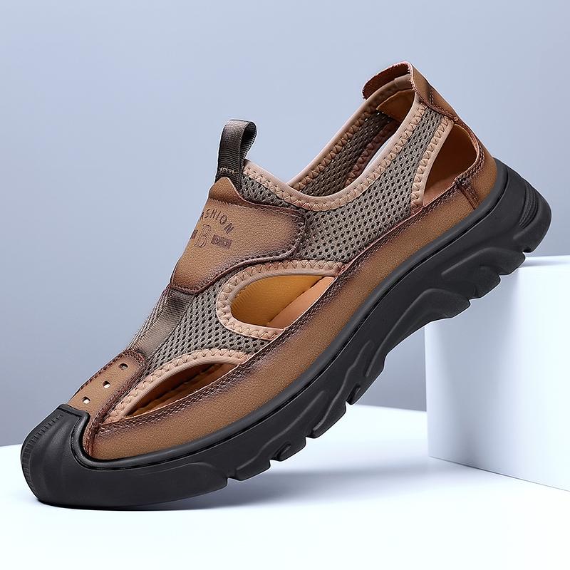 Повседневные кожаные мужские сандалии в стиле ретро, летняя обувь с вырезами, модная повседневная пляжная обувь для отдыха на открытом воздухе, дышащая мужская обувь для ходьбы