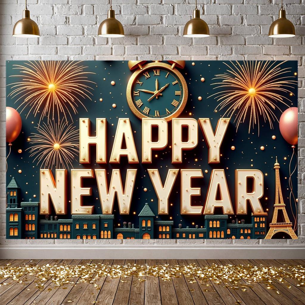Happy New Year Banner Decorative Elements New Year Decor Event Banner Dark Blue Background Party Backdrop For Festival Public