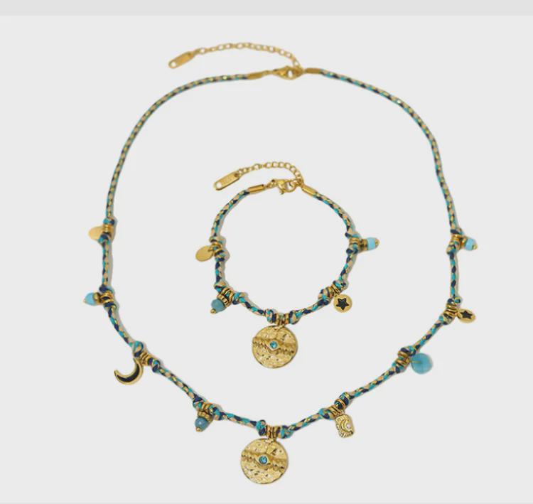 Bohemian French Retro Jewelry Set: Colorful Cotton Rope Necklace & Braided Bracelet