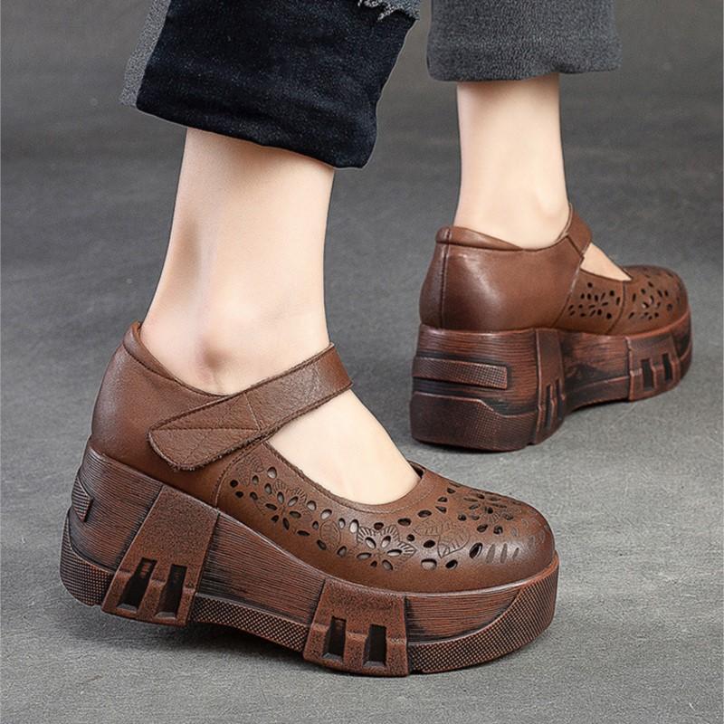 Johnature Туфли на платформе с толстой подошвой и круглым носком, женские винтажные удобные сандалии на танкетке из натуральной кожи