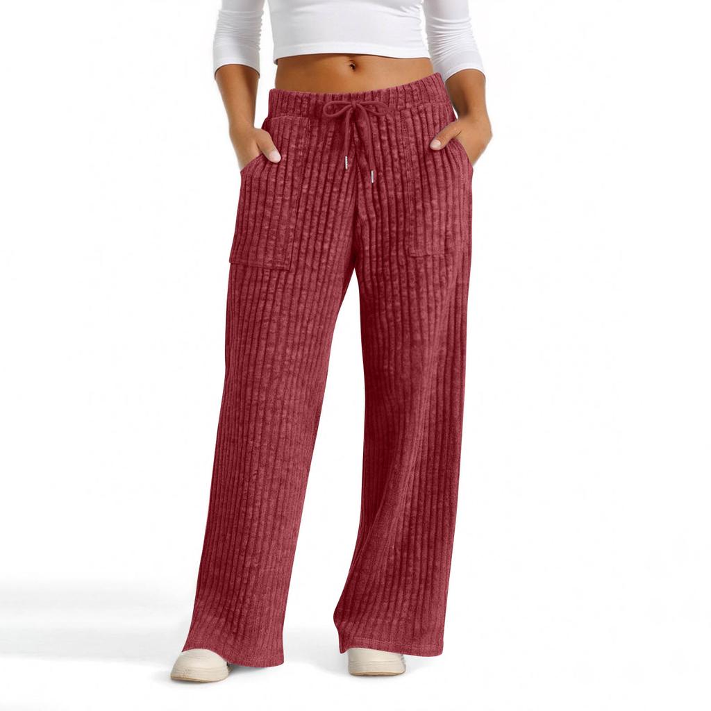 Womens Casual Wide Leg Elastic Waist Ribbed Knit Loose Bottoms With Pockets Soft Pants