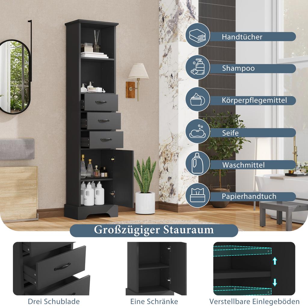 38 x 26 x 172.5 cm Tall Bathroom Cabinet, Painted for Moisture Resistance, Three Drawers + Open Shelves + Cabinet Doors, Adjustable Shelves, Black.