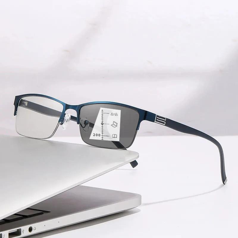 Business Half Frame Multifocal Presbyopia Eyewear Photochromic Reading Glasses Classic Color Changing Anti Blue Light Eyeglasses