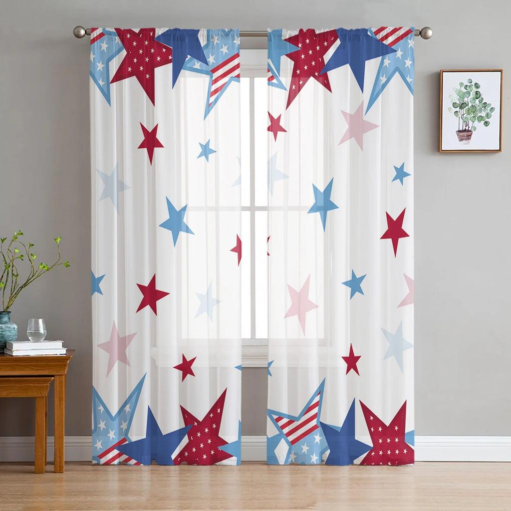 Independence Day Pentagram Sheer Window Curtains For Living Room Kitchen Children Bedroom Voile Hanging Curtain