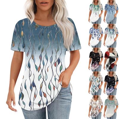 Футболки для женщин, плиссированные, с круглым вырезом, нарядные, повседневные, блузки с принтом, с коротким рукавом, летние топы, свободный крой