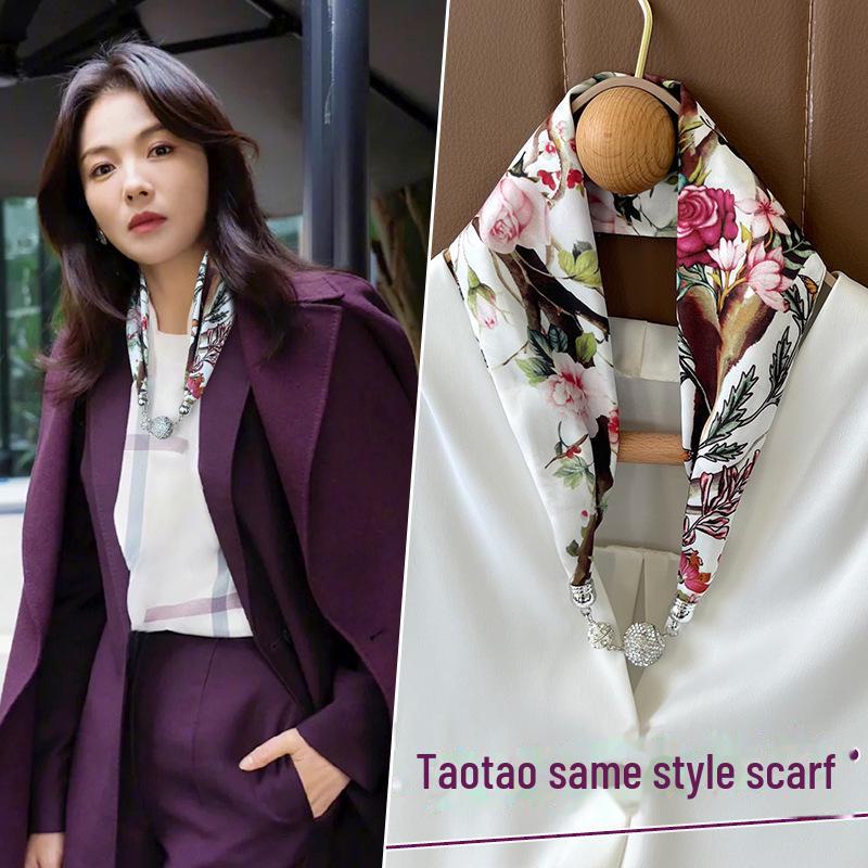 Женский шелковый шарф с магнитной пряжкой — модная защита шеи на весну, лето и осень 2024 года