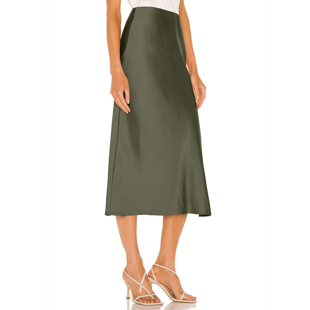 Women's High-Quality Satin Half Skirt With Elastic High Waist Solid Color Split Mid Length Skirt