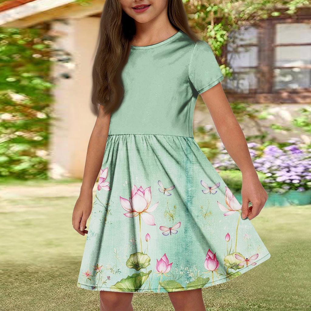 Летнее платье для девочек, однотонное платье без рукавов с принтом и карманом, повседневное платье, вечернее платье с короткими рукавами