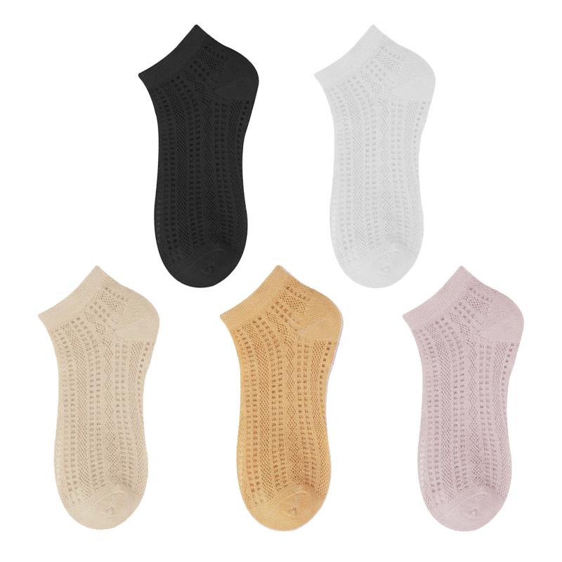 5 пар летних тонких сетчатых коротких носков для женщин, милые однотонные носки до щиколотки для девочек, повседневные, хлопковые, с полым узором, дышащие