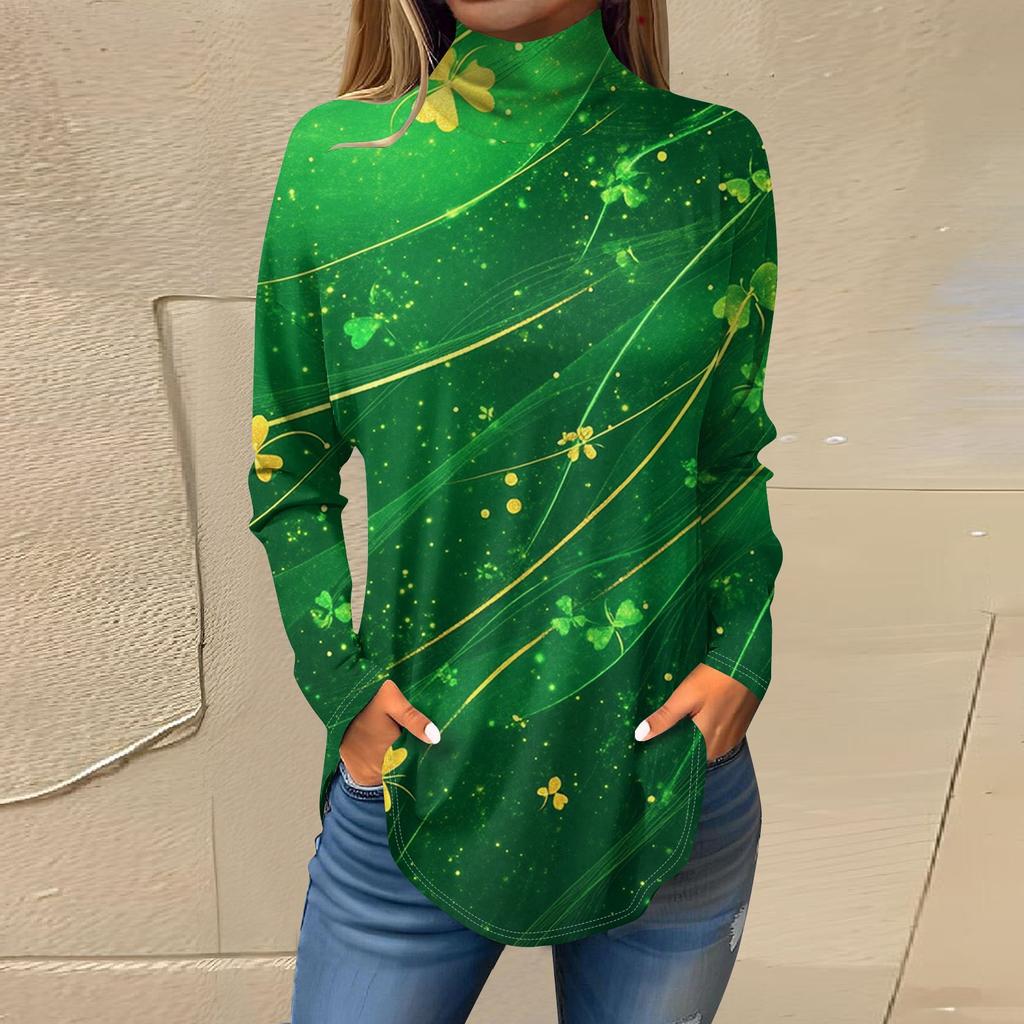 Женский свободный с высоким воротом St. Футболка с длинным рукавом и принтом Патрика. Верхний пуловер.