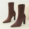 Aneikeh Winter Pointed Toe Ankle Booties Thick Heel Sock Flock Women Boots Sexy Female Shoes Plus Size 34-42