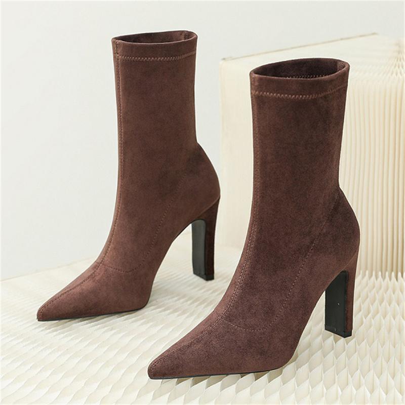 Aneikeh Winter Pointed Toe Ankle Booties Thick Heel Sock Flock Women Boots Sexy Female Shoes Plus Size 34-42