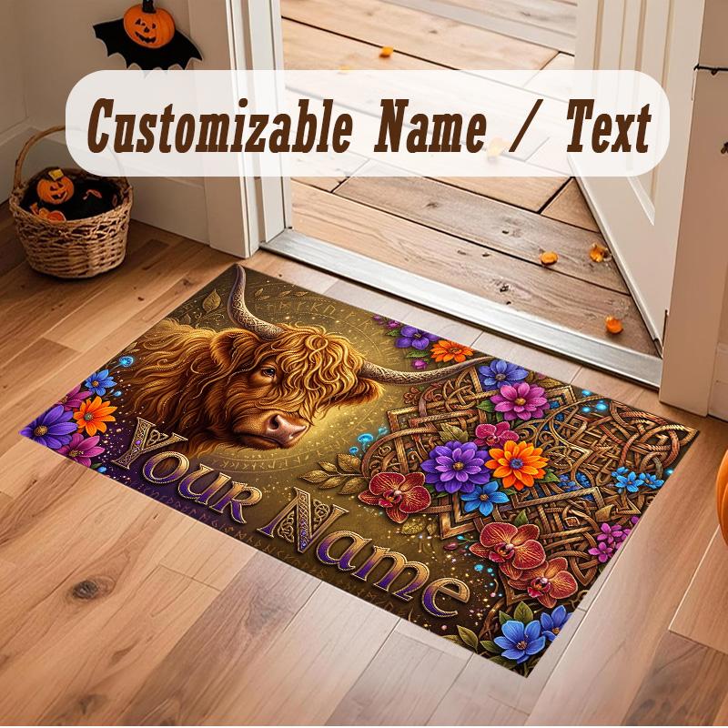 Highland Cow Theme Soft Crystal Velvet Rug Custom Name & Text Print Non Slip Floor Rug for Bedroom Living Room