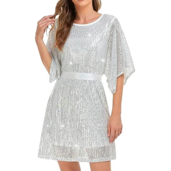 Women Prom Dress Half Split Bat Sleeve Round Neck Loose Shiny Sequin Double-layered Belted Tight High Waist Soft Club Party Lady Mini Dress