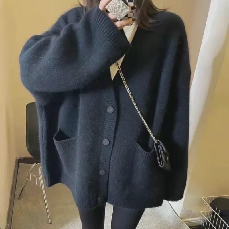 Retro Solid Color Knit Cardigan - Autumn/Winter Loose Fit Korean Sweater Jacket