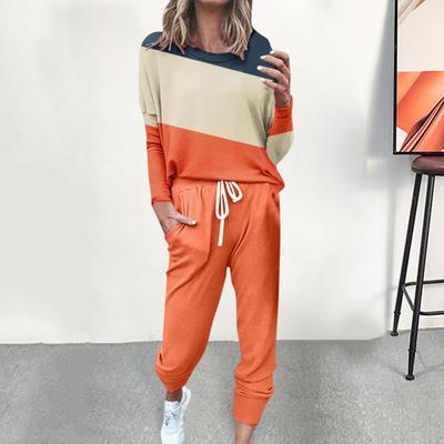 Yousheng 2 шт./комплект Женский костюм: топ и брюки, круглый вырез, длинные рукава, цветоблокировка, спортивная толстовка, брюки с кулиской и эластичной талией, комплект для фитнеса, осень