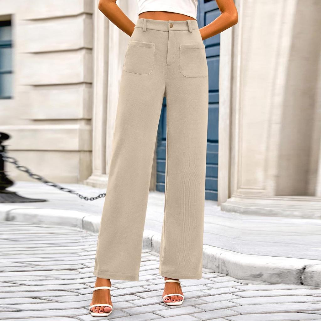 Women's Casual Wide-leg Stretch High-waisted Button-down Wide-leg Pants Working Straight-leg Pants With Pocket Pants