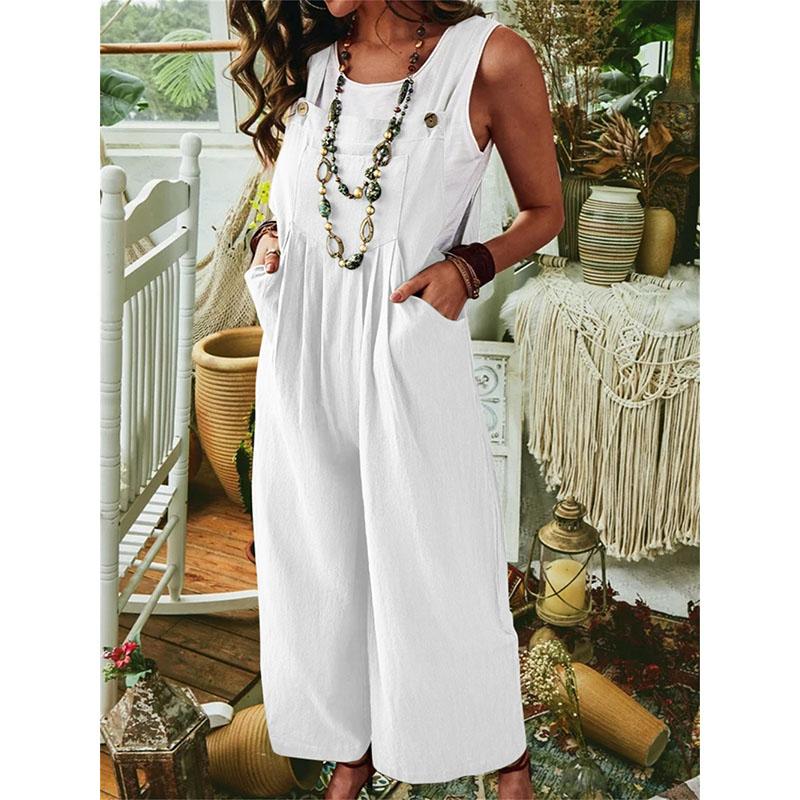 Summer Women's Jumpsuit Thickened Ramie Cotton Solid Color Sleeveless Casual Wide Leg Side Buckle Jumpsuit