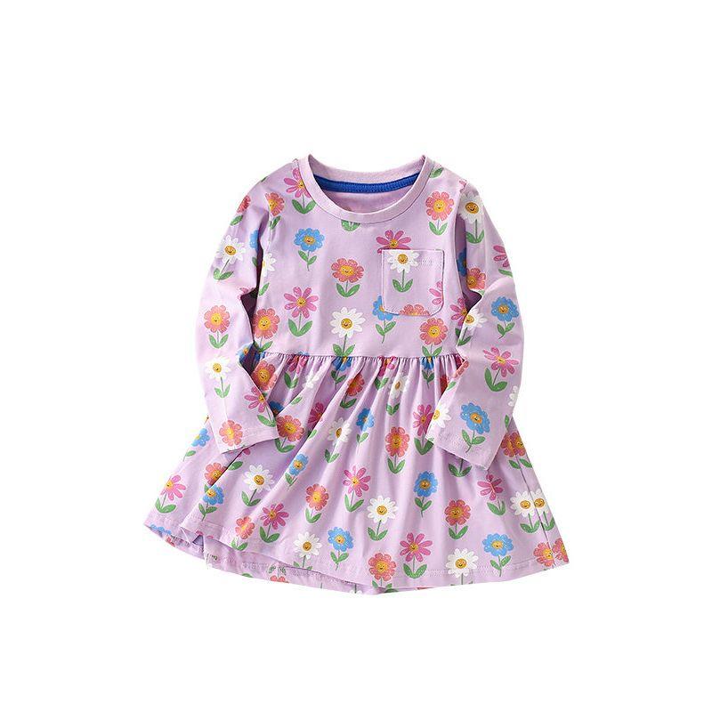Dress, Baby Spring & Fall Clothing, Kidsren's Purple Flower Pure Cotton Princess Dress, Small and Medium-Sized Kidsren's Fashionable Knitted Dress