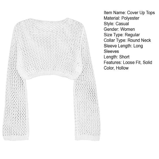Women Cover Up Tops Round Neck Long Sleeve Hollow Fishnet Design Quick-Drying Breathable Blouse Loose Fit Beachwear