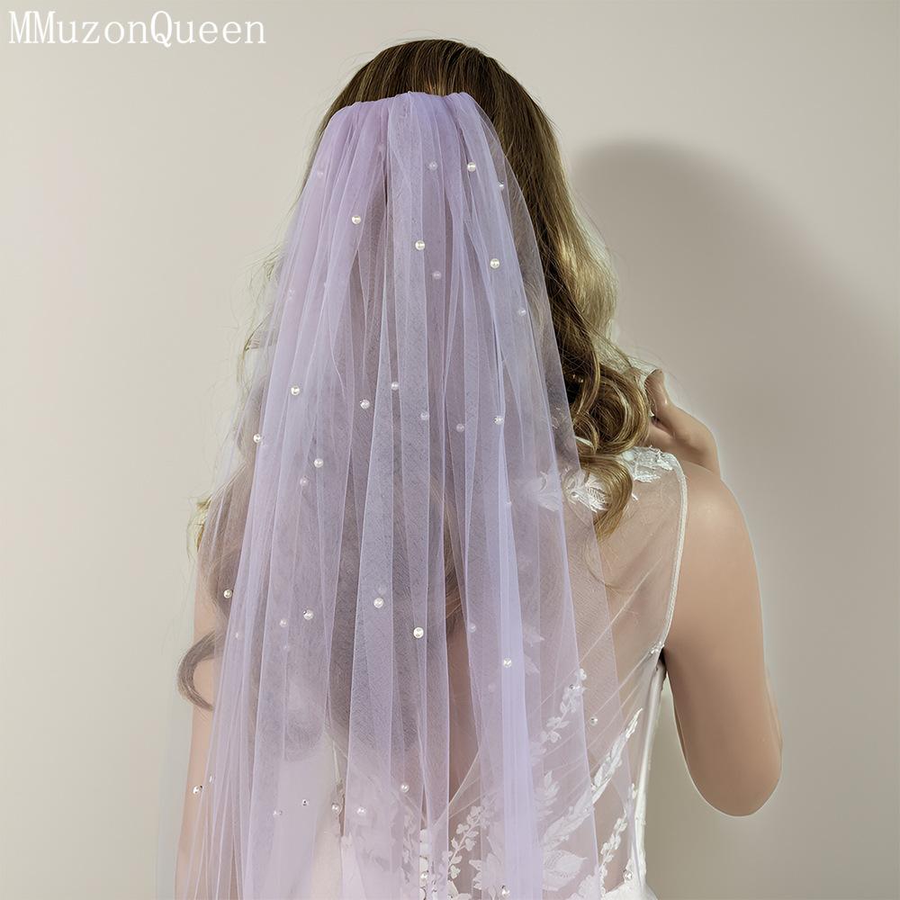 Pearl Bridal Veil With Comb, White Tulle Wedding Veil, Beaded Long Cathedral Veil for Bride Wedding Ceremony