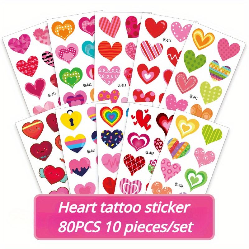 10Sheets /80Pcs Colorful Heart Tattoo Stickers Valentine's Day Mother's Day Face Stickers Heart Tattoo Stickers