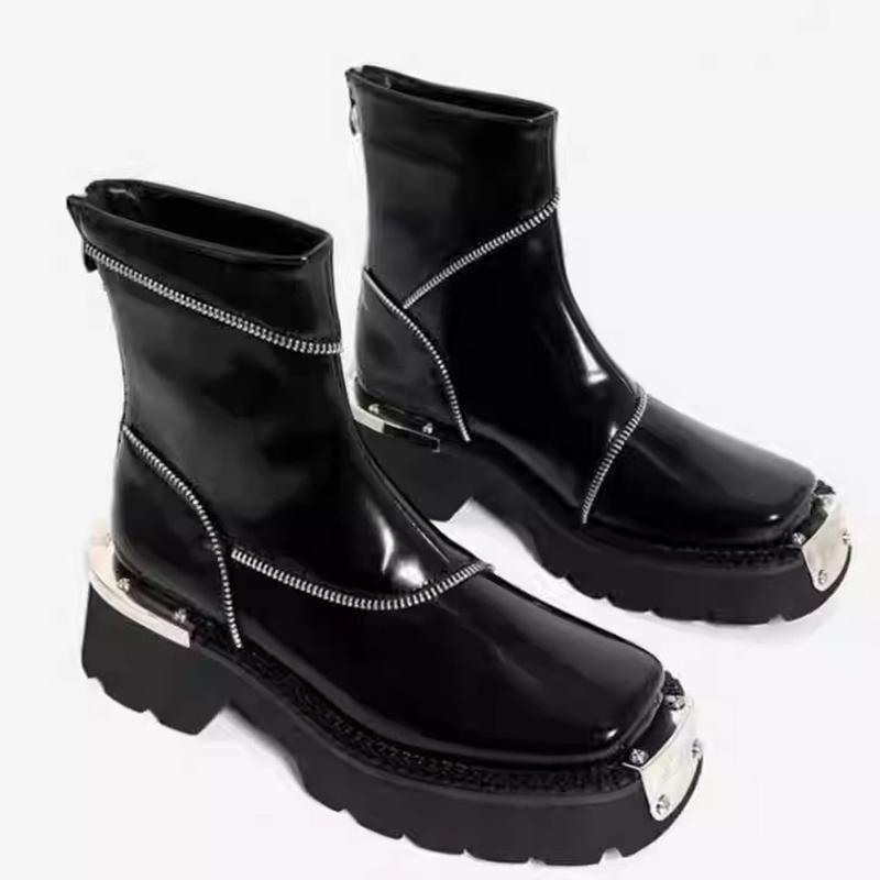 Leather Plaform Women Ankle Shoes Mid Heels Deisgner Shoes Chunky Winter Motorcycle Boots 2024 Trend New Goth Botas De Mujer