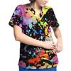 Plus Size Printed Scrub Working Uniform Tops For Women V-Neck Short Sleeve T-Shirts Workwear Tee With Pockets
