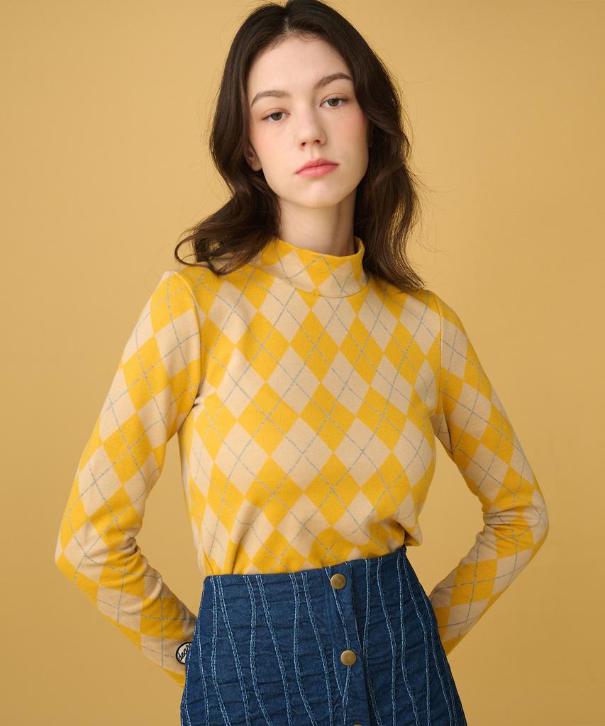 DEAR,PEER Argyle High-Neck T-Shirt Yellow