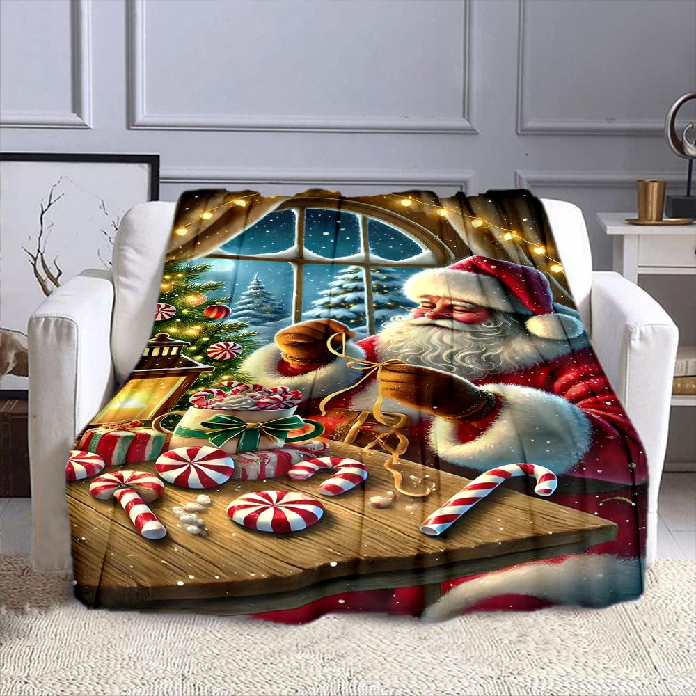 Santa's Cozy Christmas Candy Scene Patterned flannel blanket perfect for the bedroom living room, sofa, or a little nap