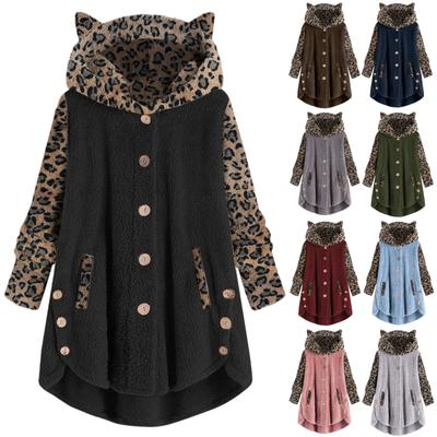 Женская мода осенне-зимняя плюшевая куртка с капюшоном и длинным рукавом на пуговицах с леопардовым принтом