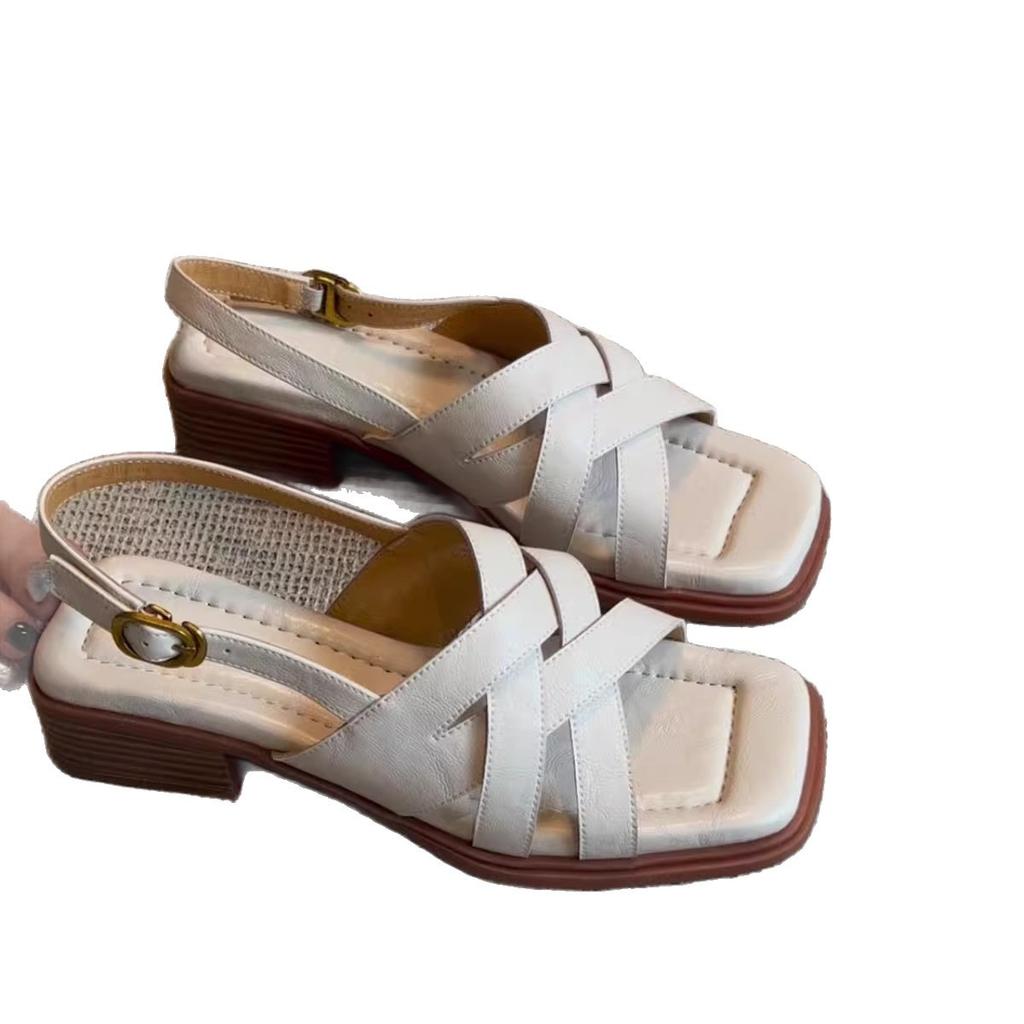 Версия из овчины~ квадратный носок, перекрестные ремешки, римские сандалии, женская летняя обувь, литературный ретро-стиль, плетение, толстый каблук, летние сандалии, тренд