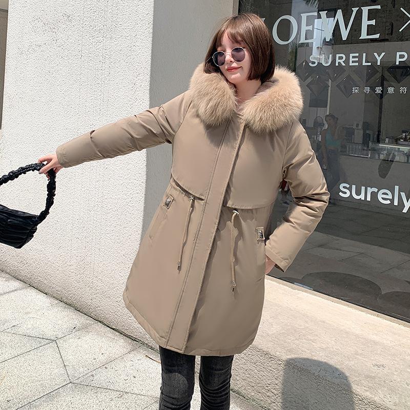 Женская осенне-зимняя тонкая теплая длинная парка с капюшоном и меховым воротником с длинным рукавом и плюшевой завязкой