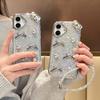 For iPhone 16 Case Hybrid Phone Cover with Strap Electroplated Bowknot Silver Pearl Glitter Epoxy Design