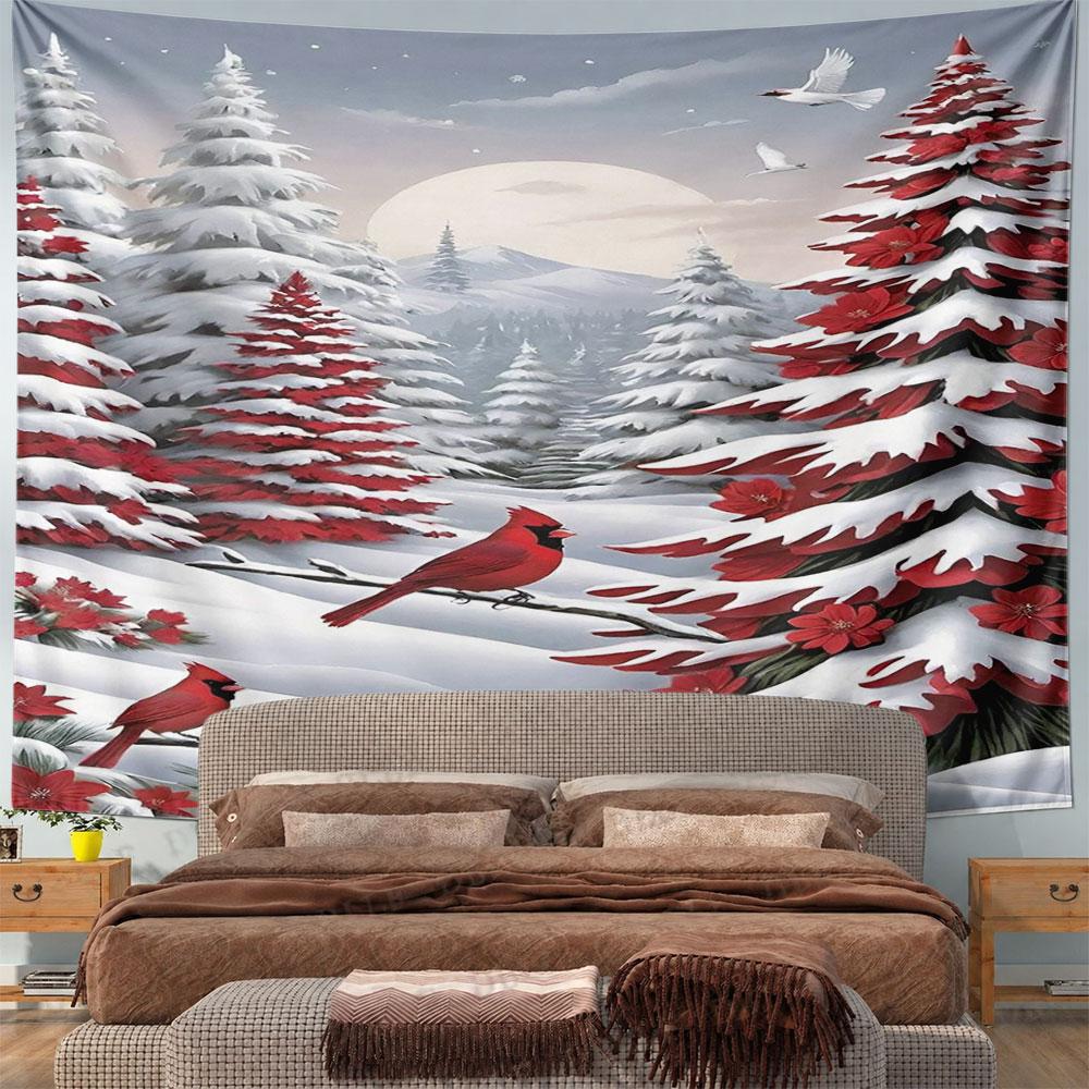 Snowy Forest with Cardinals and Red Flowers Pattern Wall Hanging Tapestry Decorative Tapestry Home Decor for Bedroom and Living Room