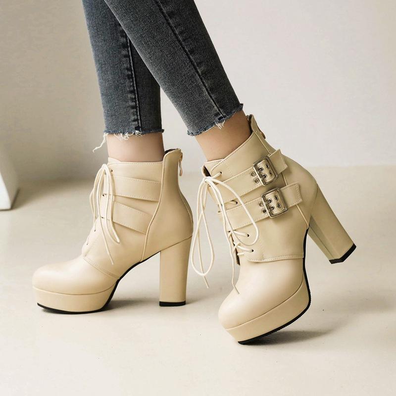 Fashion Women's Ankle Boots Platform Lace Up High Heel Short Boot Buckle Red Pink White Autumn Winter Sexy Ladies Party Shoes Large Size
