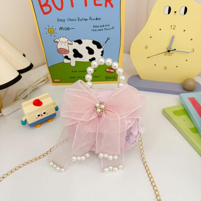 Crossbody Bowknot Girls Bag Sparkly Cartoon Shoulder Bag With Pearl Chain Strap