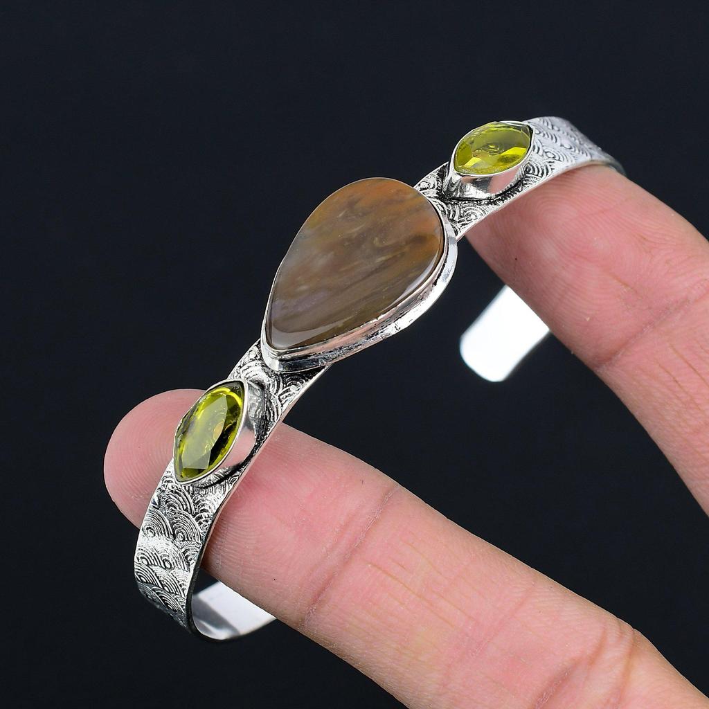 Natural Landscape Jasper Gemstone Bangle Adjustable 925 Silver For Women