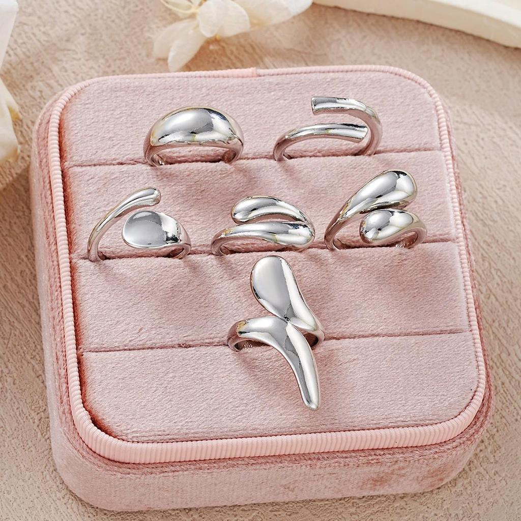 European & American Metal Texture Ring Set: Smooth, Exaggerated Geometric Open Rings for Women