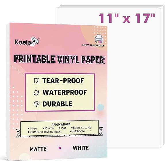 KOALA PAPER Водонепроницаемая бумага для струйного принтера, 8,5x11 дюймов, 30 листов, Матовая белая, Устойчивая к разрывам, Печатаемая, Прочная и быстросохнущая