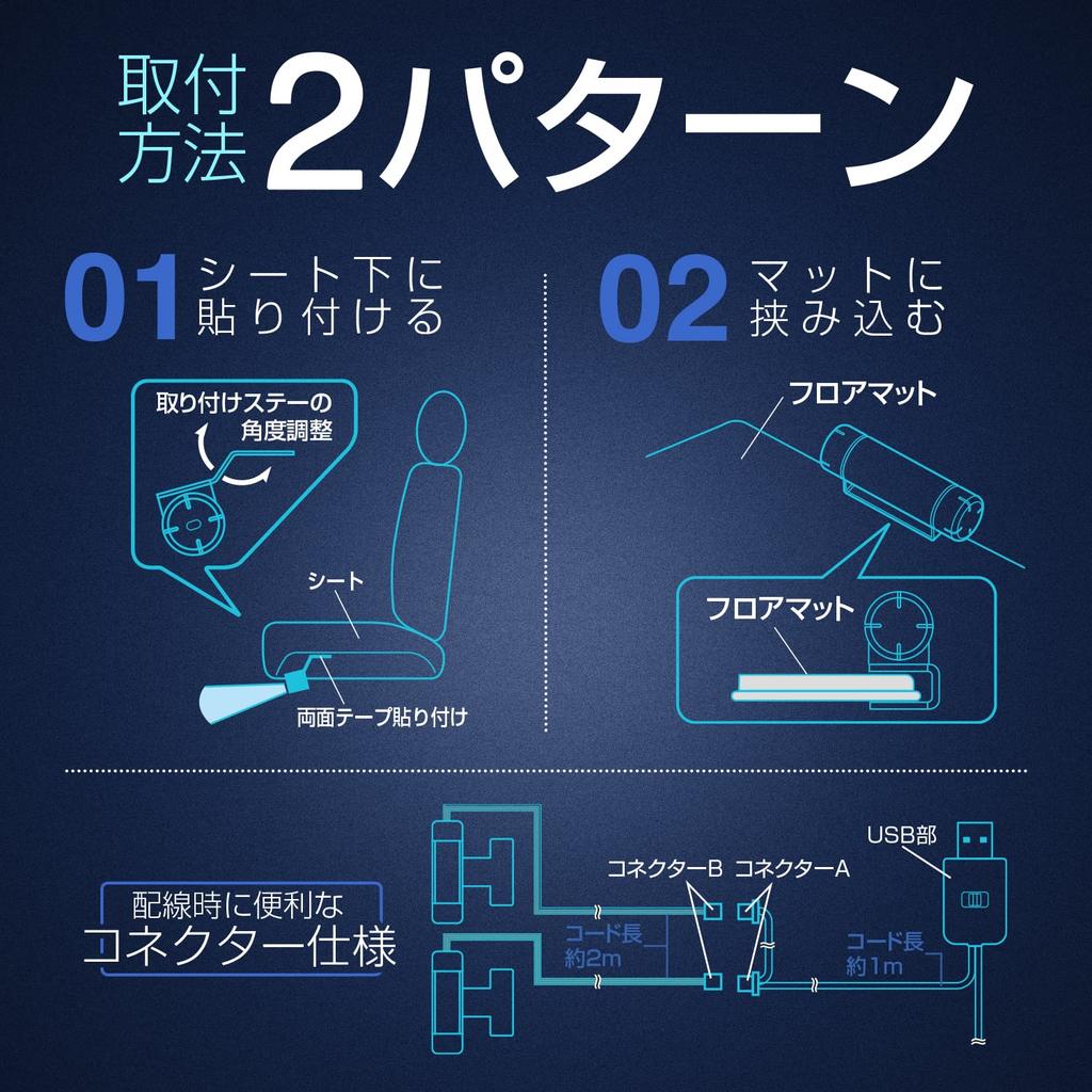 SEIWA Car Interior USB Floor Light, 4-LED, USB Powered, F335, High-Brightness Blue LEDs, Adjustable Beam Angle, and Light Intensity Control